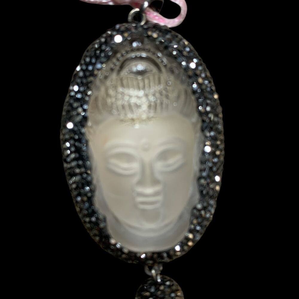 Carved Buddha Pendant Necklace Sparkling Rhinestone Pink Braided Cord & Tassels